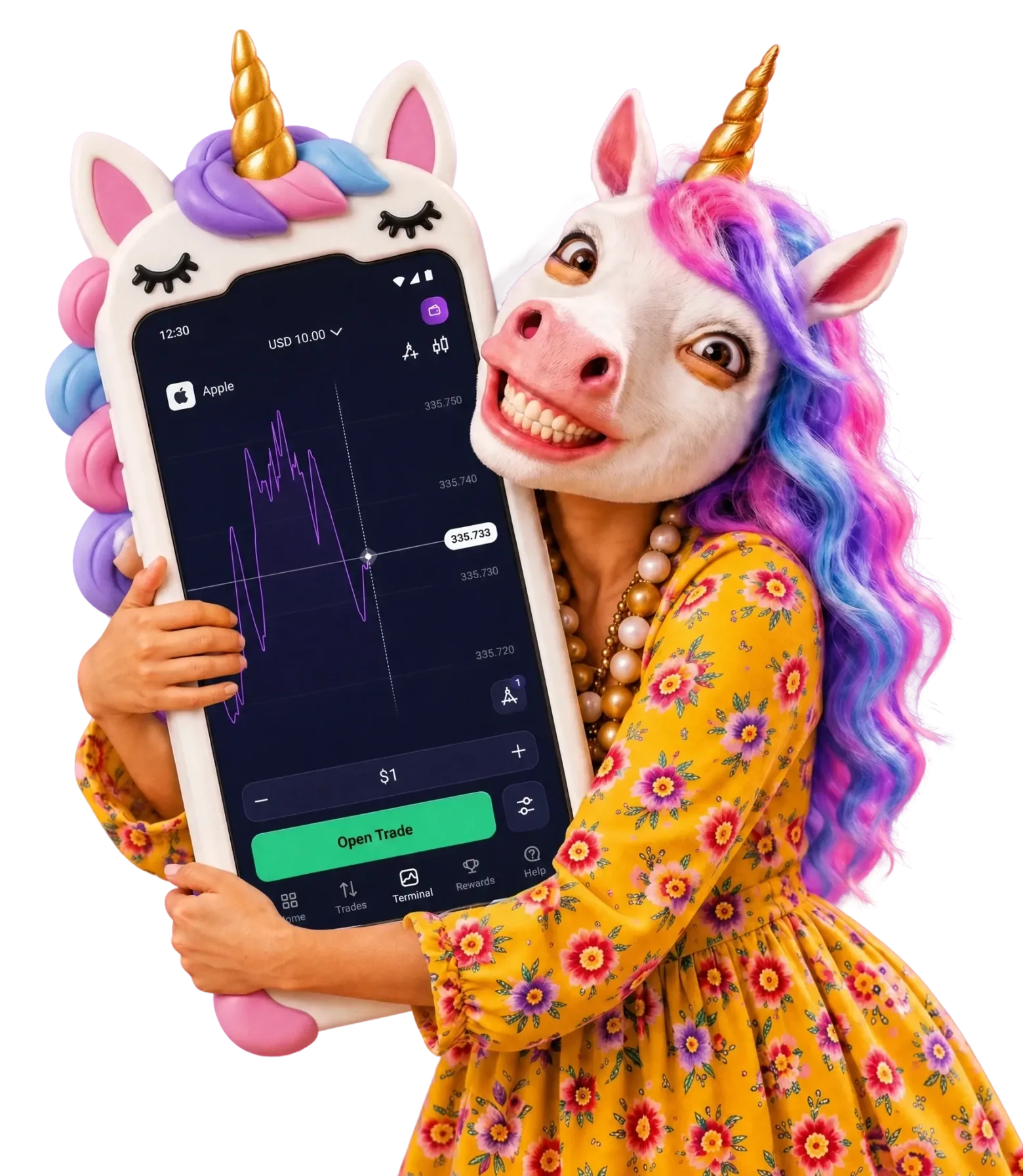 Wanita bertopeng unicorn memeluk ponsel dengan aplikasi trading